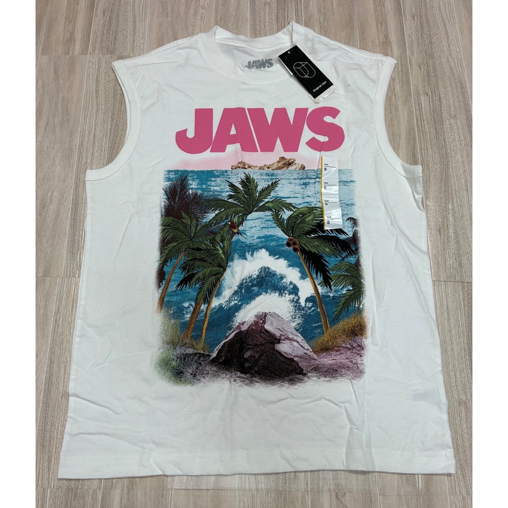 Jaws Movie Graphic Sleeveless T Shirt Men's White Cotton Shark Attack